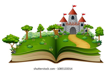 Story book with a castle and river in the green park