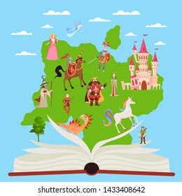 Story book. Child educational books with stories fairytale and fantasy characters for imagination reading, children background witn open kids magical storytelling picture vector illustration