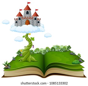 Story book with magic beanstalk and castle in the clouds