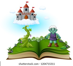 Story book with magic beanstalk, castle in the clouds and the green giant