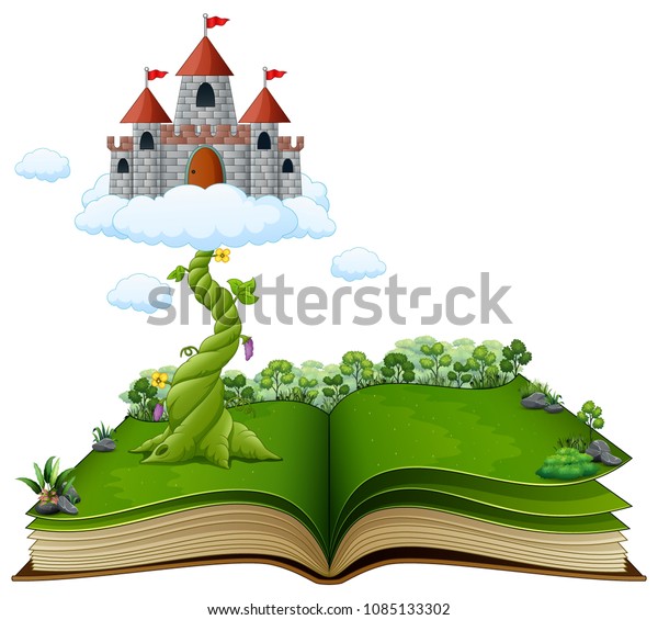 Story\
book with magic beanstalk and castle in the\
clouds