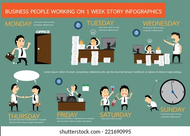 The story of businessman working on 1 week in infographic template, business hard working, vector illustration.