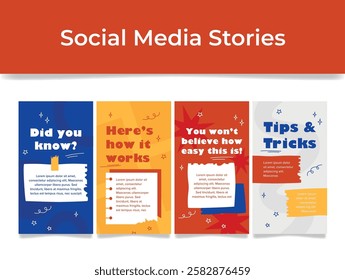 Story card templates that show different methods of social media engagement. Each card has a catchy title that highlights knowledge, ease of use, and practical advice.