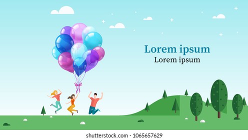 story design with peoples, balloons, tree, group. creative environment design  with beautiful garden. outdoor seen with enjoying together in park. 