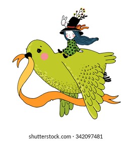 The story of the dove, fairy girl, rabbit and a hat. Hand drawn vector.