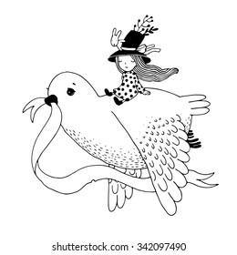 The story of the dove, fairy girl, rabbit and a hat. Hand drawn vector. Coloring book.