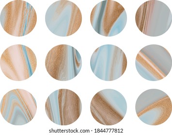 Story highlight covers for social media with blue and gold liquid texture.
