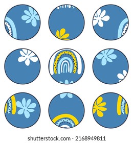Story highlight icons set with abstract flowers and rainbows. Perfect for social media, blog, stickers and print. Doodle vector illustration for decor and design.

