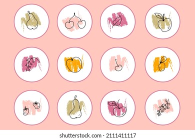 Story highlight icons set of doodle fruits elements. Logo design for garden shop, eco product. Hand drawn vector illustration.
