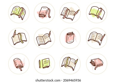 Story highlight set of school university textbook icons. Logo design  for book shop, library, school, university. Hand drawn vector illustration.
