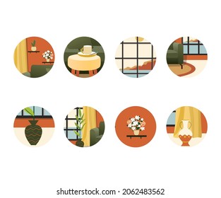 Story highlighting icons collection for social media. Round sticker set with interior elements, cozy home decor. Trendy bohemian illustrations. Modern boho stickers for web, app and brand design.