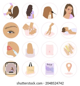  Story highlights for a beauty salon. Make up, cosmetologi, manicure, hair cut. Vector flat illustration.	