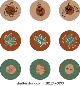 Story icons. Graphic drawing. Flowers and leaves. Set of 9 pieces