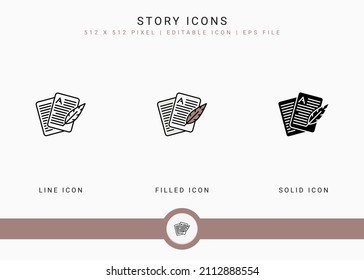 Story Icons Set Vector Illustration With Solid Icon Line Style. Journalist Text Publication Concept. Editable Stroke Icon On Isolated Background For Web Design, User Interface, And Mobile Application