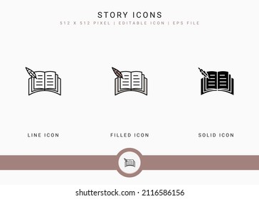 Story Icons Set Vector Illustration With Solid Icon Line Style. Journalist Text Publication Concept. Editable Stroke Icon On Isolated Background For Web Design, User Interface, And Mobile Application