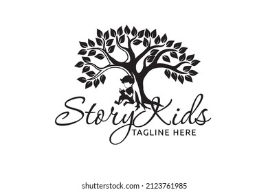 story kids logo with a child sitting reading a book under a shady tree.