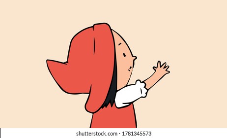 the story of Little Red Riding Hood, she stands with her hand up and looks to one side,vector,cartoon.