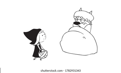 the story of little red riding hood, the wolf dressed in grandma's clothes, little red riding hood brought grandma a basket with food,storyboard,vector,cartoon.