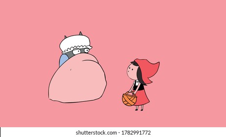 la historia de la pequeña capucha roja, el lobo vestido con la ropa de la abuela, la pequeña capucha roja trajo a la abuela una canasta con comida, storyboard, vector, dibujos animados, colorido.