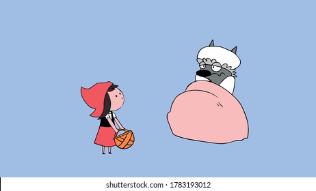 the story of little red riding hood, the little girl came to her grandmother to bring her food in the basket, the wolf dressed in grandma's clothes hides in bed,vector,cartoon,storyboard.