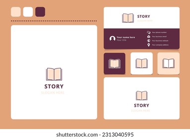 Diseño del logo de la historia con un lema editable. Libro de promoción de marca y plantilla de tarjeta de visita.