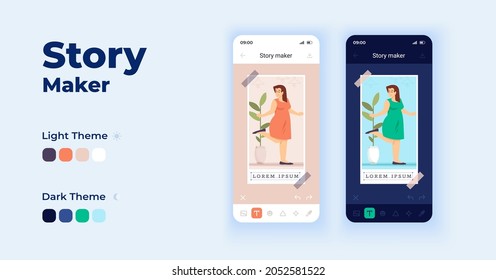 Story maker cartoon smartphone interface vector templates set. Mobile app screen page day and dark mode design. Social media. Photo editor UI for application. Phone display with flat character