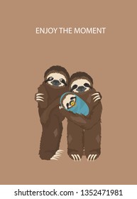 The story of one sloth. With family. Funny cartoon sloths in different postures set. Vector illustration