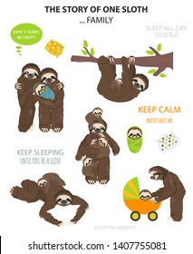 The story of one sloth. With family. Funny cartoon sloths in different postures set. Vector illustration