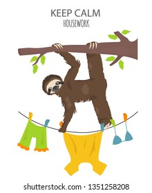 The story of one sloth. At home. Funny cartoon sloths in different postures set. Vector illustration