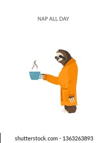 The story of one sloth. At home. Funny cartoon sloths in different postures set. Vector illustration