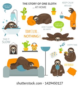 The story of one sloth. At home. Funny cartoon sloths in different postures set. Vector illustration