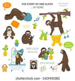 The story of one sloth. At home. Funny cartoon sloths in different postures set. Vector illustration