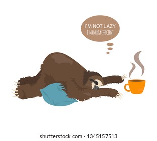 The story of one sloth. Morning cofee. Funny cartoon sloths in different postures set. Vector illustration