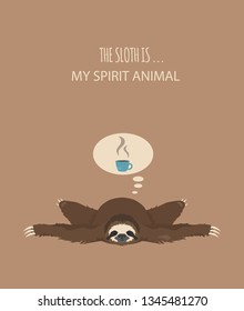 The story of one sloth. Morning cofee. Funny cartoon sloths in different postures set. Vector illustration