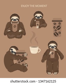 The story of one sloth. Morning cofee. Funny cartoon sloths in different postures set. Vector illustration