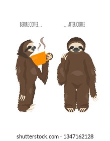 The story of one sloth. Morning cofee. Funny cartoon sloths in different postures set. Vector illustration