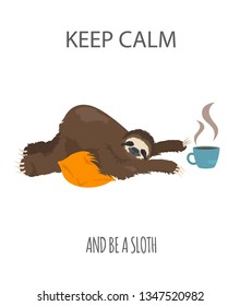 The story of one sloth. Morning cofee. Funny cartoon sloths in different postures set. Vector illustration