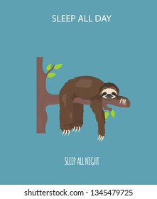 The story of one sloth. Outdoors. Funny cartoon sloths in different postures set. Vector illustration