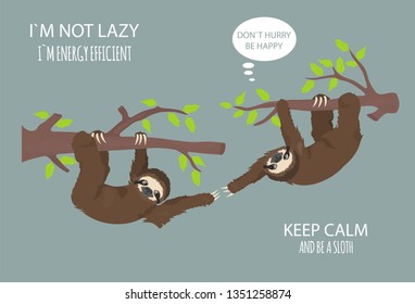 The story of one sloth. Outdoors. Funny cartoon sloths in different postures set. Vector illustration