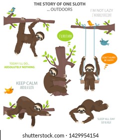 The story of one sloth. Outdoors. Funny cartoon sloths in different postures set. Vector illustration