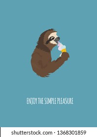 The story of one sloth. At the party with friends. Funny cartoon sloths in different postures set. Vector illustration