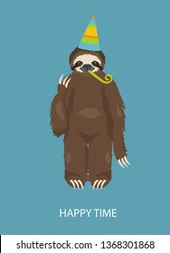 The story of one sloth. At the party with friends. Funny cartoon sloths in different postures set. Vector illustration