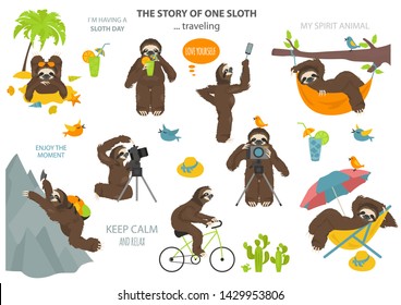 The story of one sloth. Traveling, holiday. Funny cartoon sloths in different postures set. Vector illustration