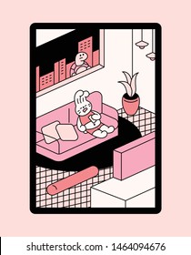 Story rabbit and turtle racing. The rabbit is asleep watching TV, and the turtle is looking into the house from the window. flat design style minimal vector illustration.