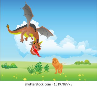 A story scene. A flying dragon fighting a lion.Vector illustration.