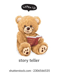 story teller slogan with cute bear doll reading a book vector illustration