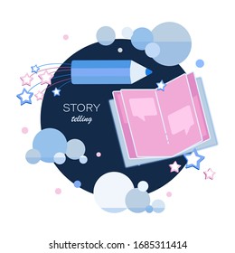 Story telling. Emblem. Notebook, space pencil, stars and clouds. Tell your story. Author. Blogs for children. Story time, fantasy stories. Design for children's t-shirt, notebook cover, album.