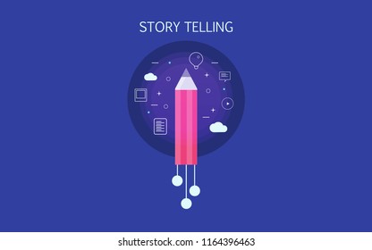 Story Telling, Writing Content For Business Customers, Copy Writer Flat Design Vector With Icons