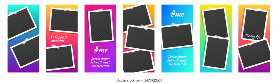 Story template kit for social media with bright gradient background. Set with empty photo frames. Mockup trendy concept set. Abstract editable banner pack. Stories backgrounds.