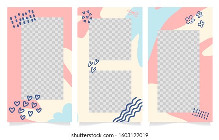 Story template for social media - editable story cover design for photos. Valentine's day theme for marketing. Frames, stories in puzzles, backgrounds, banners. Vector illustration elements.